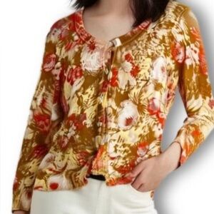 Talbots Women's Cardigan 1X Petite 1XP Beaded Cotton Gold Yellow Pink Brown